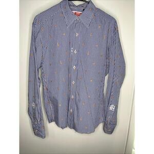 Freshly Laundered Shirt By Robert Graham Men’sBlue Checked Orange Guitars Size M